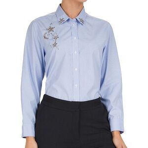 BRAT Button Down Blouse, Bedazzled Work Shirt, White pinstripe, Size 36